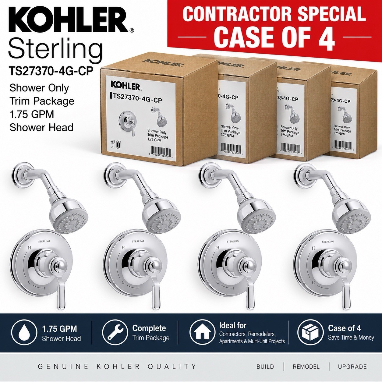 Kohler Sterling TS27370-4G-CP Shower Trim Package Chrome CONTRACTOR CASE OF 4