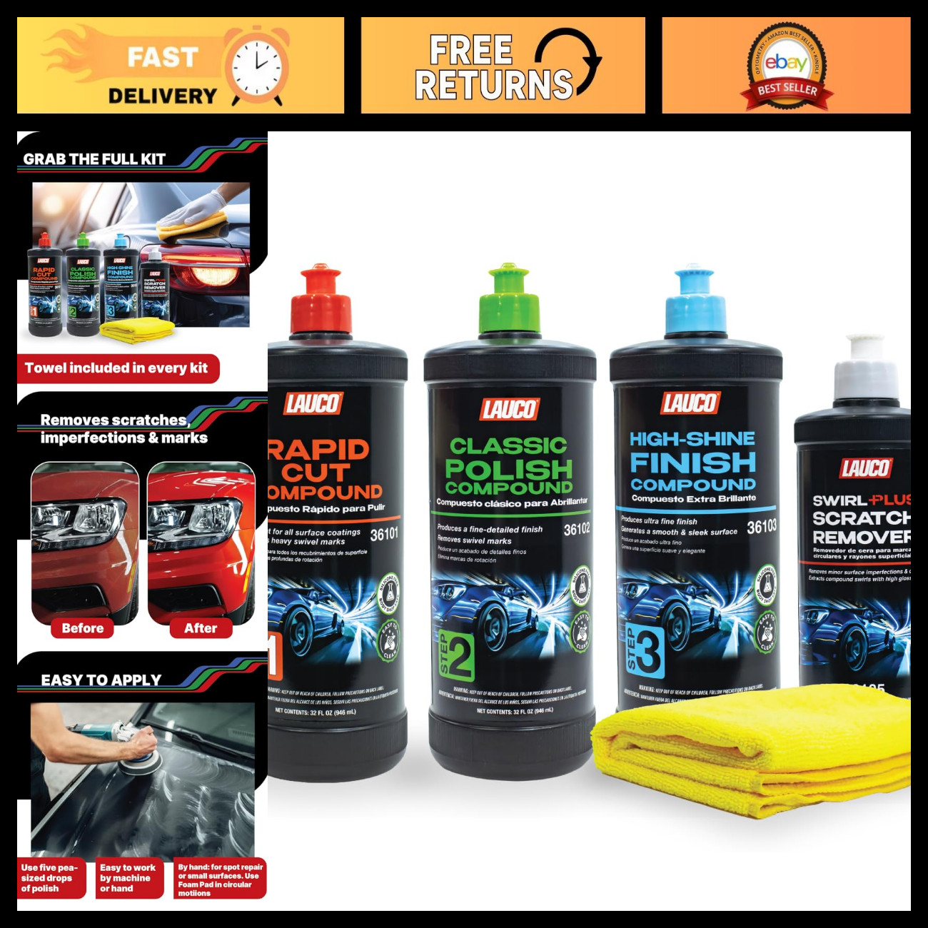 3-Step Car Detailing Kit - 32oz Cutting, Polishing & Finishing Compounds + 8oz S