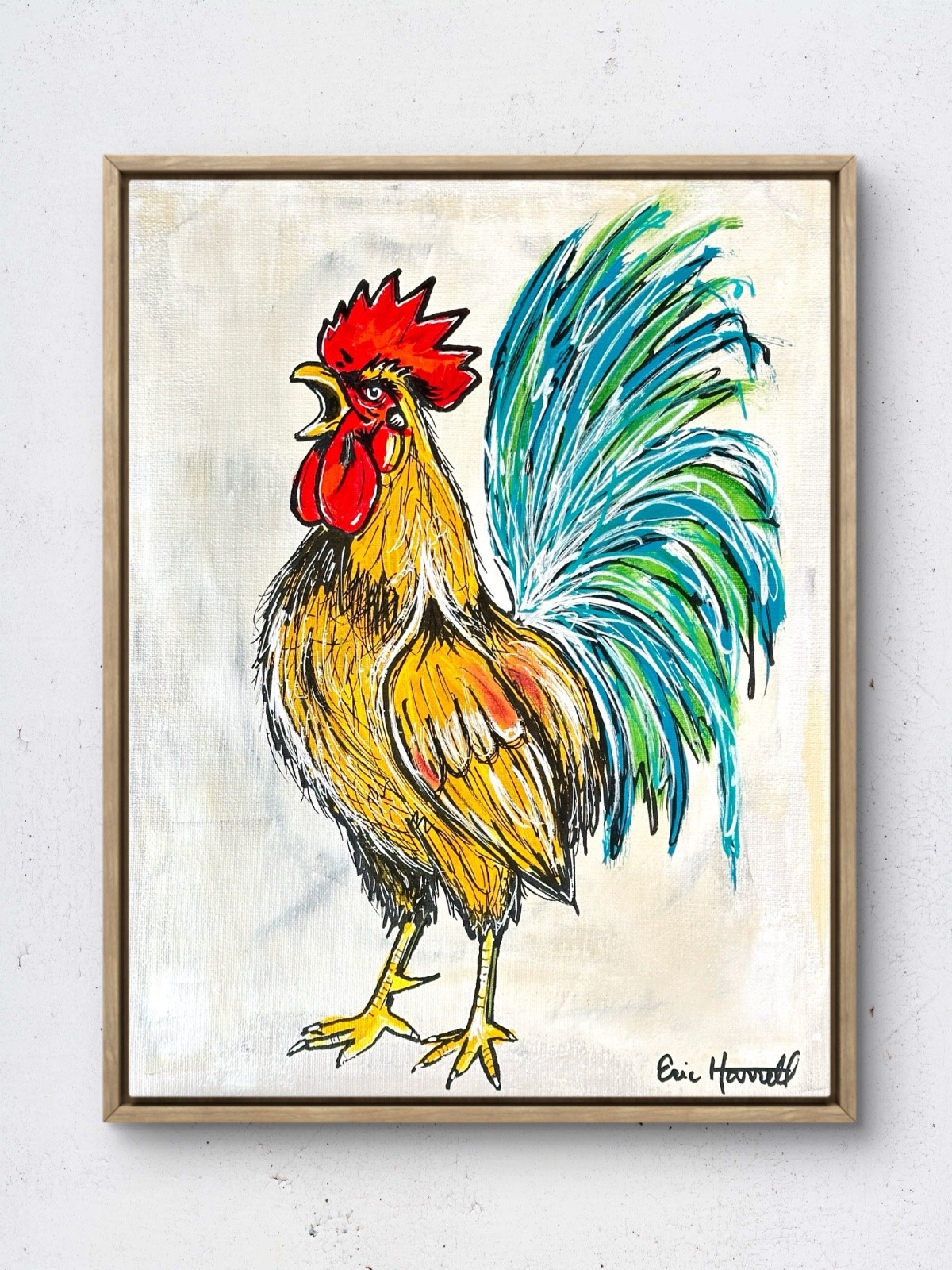Original 14x11 Expressionist Colorful Rooster Standing Painting Signed Canvas