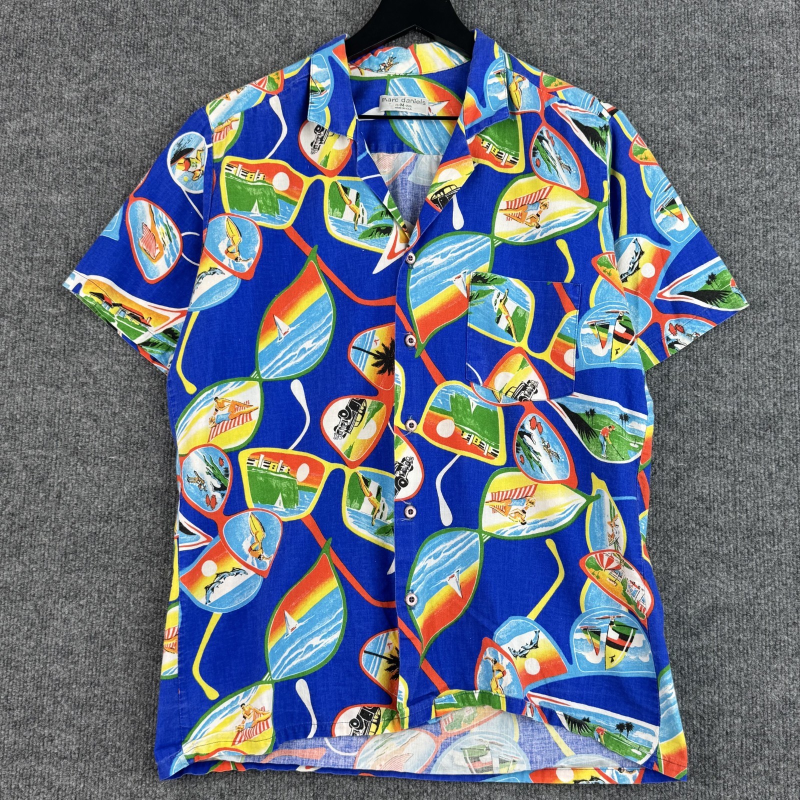 Vintage Marc Daniels Hawaiian Shirt Mens M Blue Sunglasses Sports USA Made 80s