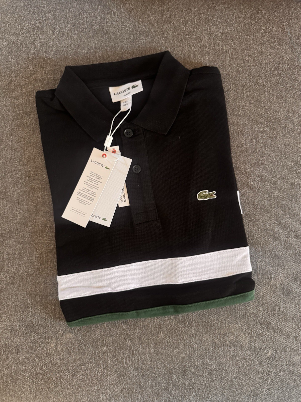 Lacoste Men\'s Black White Green Striped Slim Fit Short Sleeve Polo Shirt S Lacoste Men\'s Black White Green Striped Slim Fit Short Sleeve Polo Shirt S