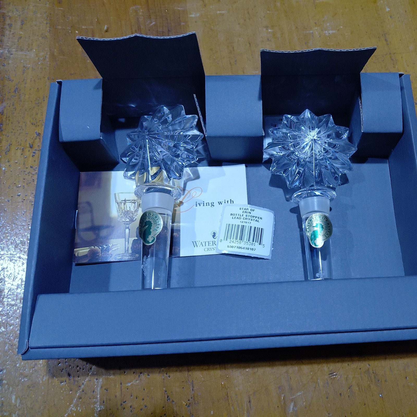 Waterford Crystal Star of Erin Pair Bottle Stoppers New In Box Marshall Field\'s