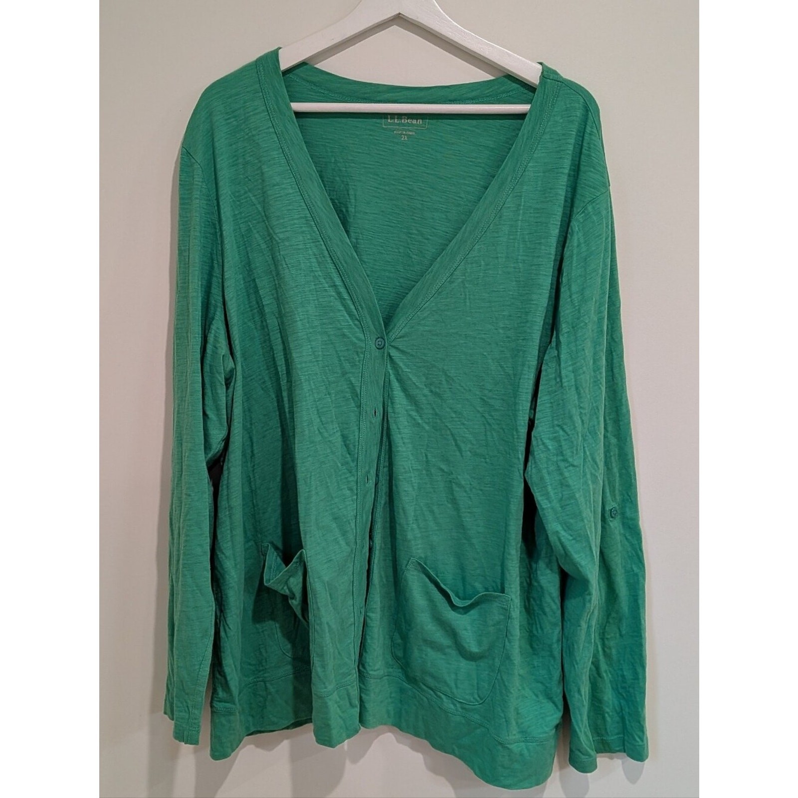 LL Bean Cotton Green V-Neck Button Pocket Cardigan Quiet Luxury Preppy Coastal