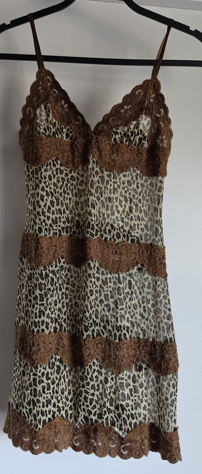 VTG Y2K Rampage Leopard Print Lace Mini Dress S Brown V-Neck Babydoll Semi-sheer