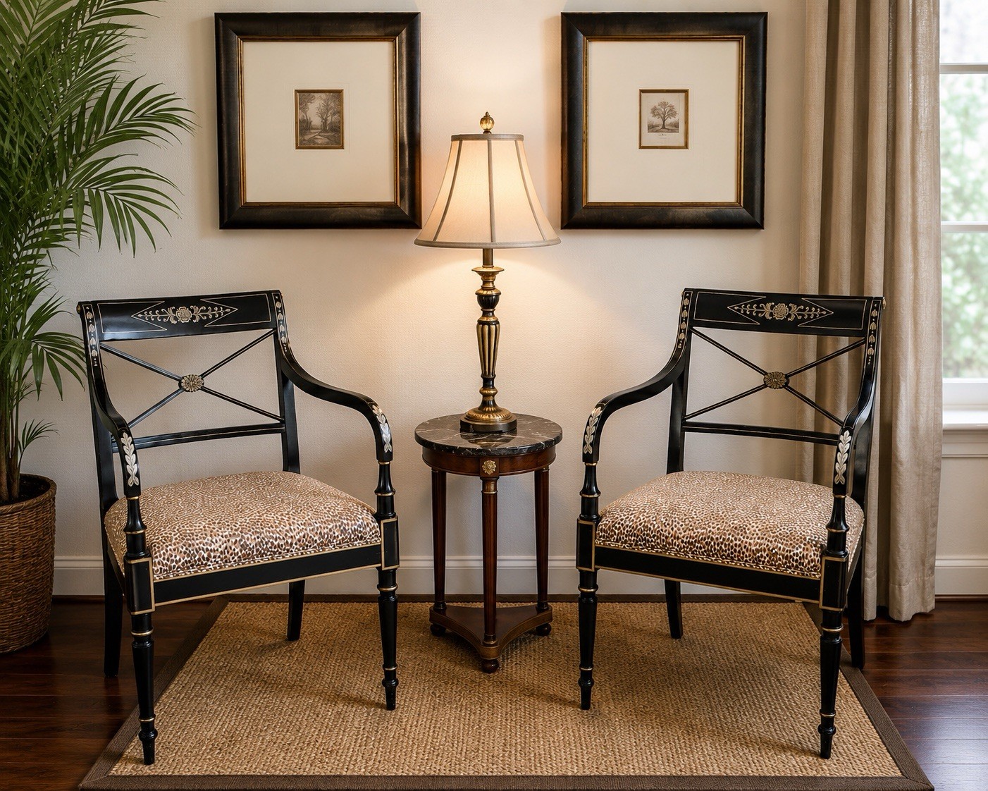 Pair Kindel Regency Armchairs Black Lacquer Hand Painted Gold Hollywood Regency