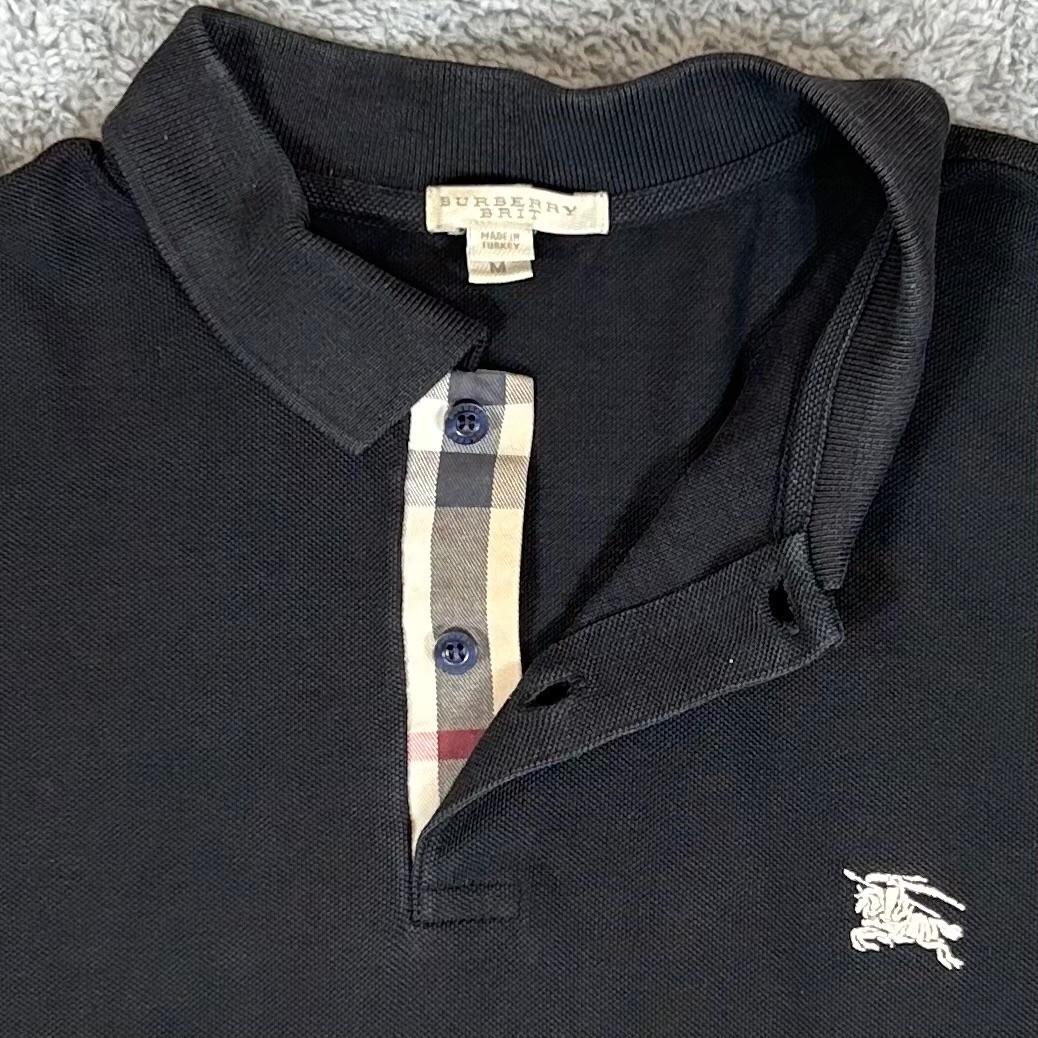 Burberry Brit Mens Black Pique Cotton Polo Shirt Nova Check Placket Size M