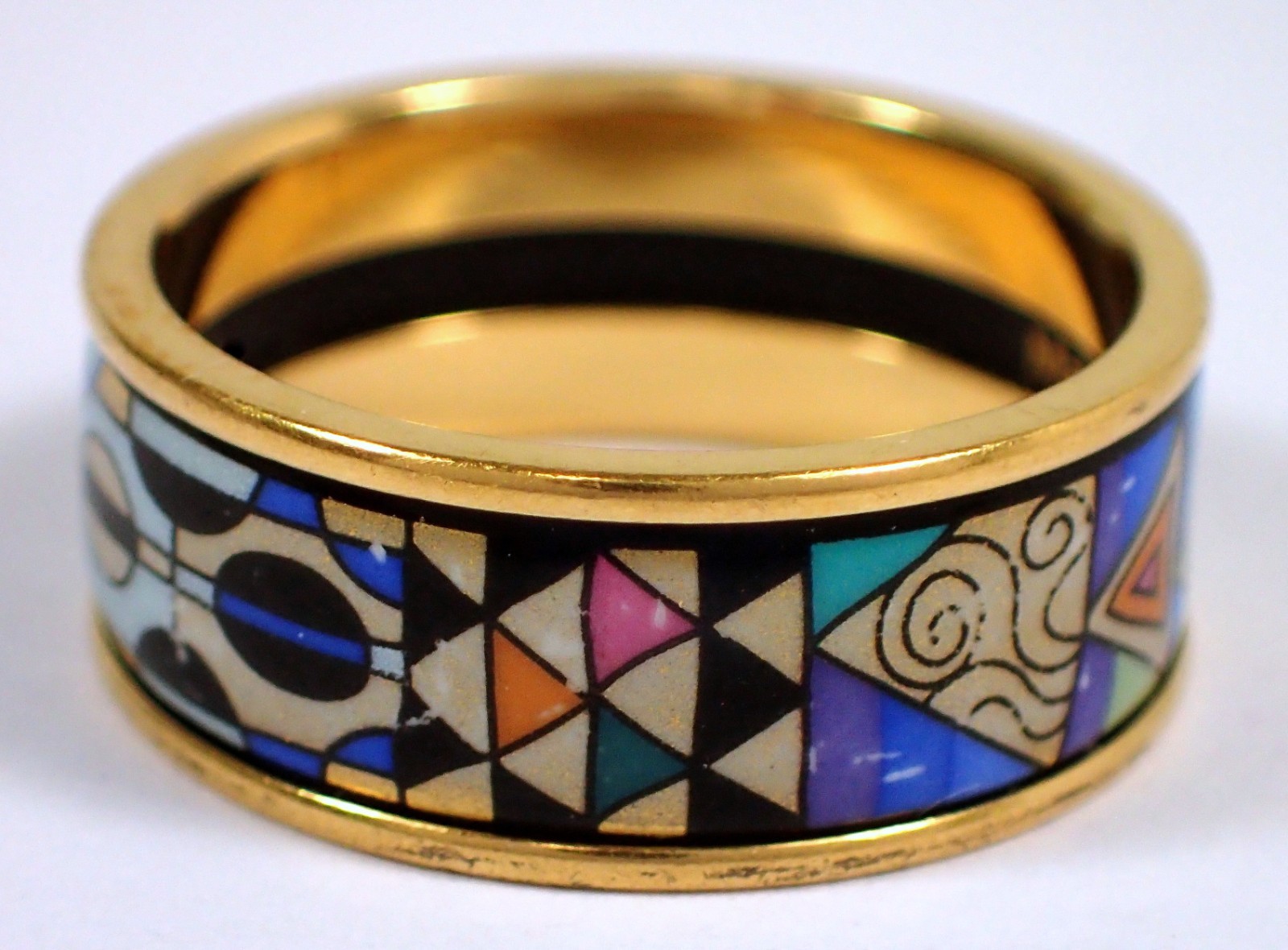 FREY WILLE Designer Signed Austria Gold Plated Enamel 7mm Wide Band Ring Sz 8