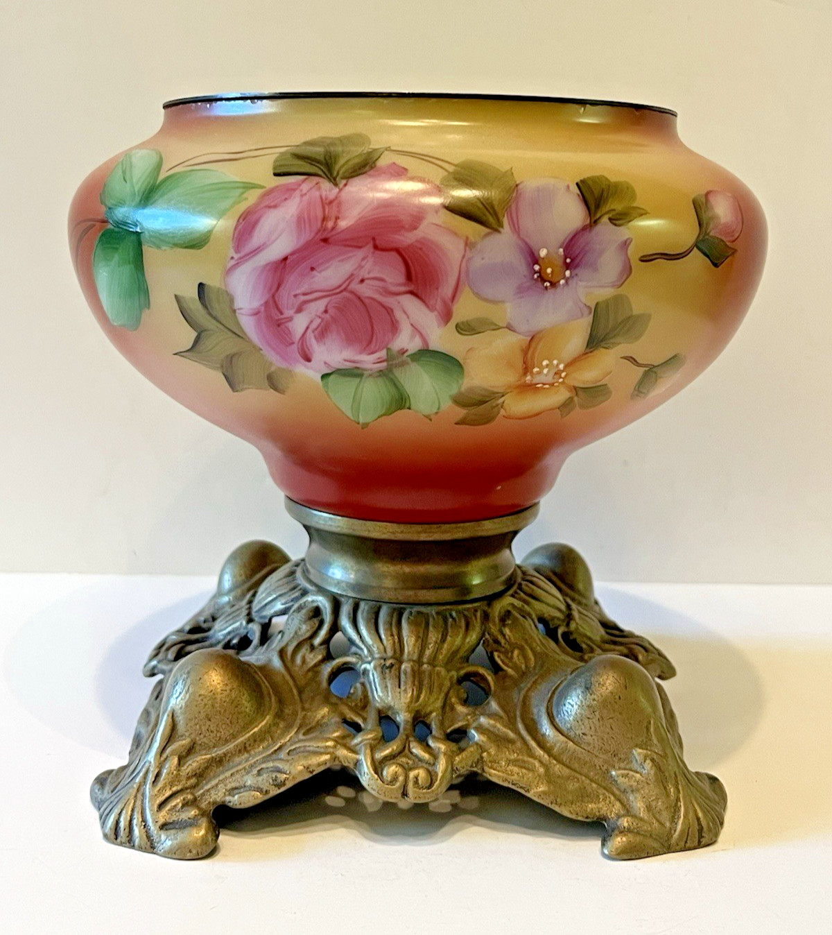 ANTIQUE HAND PAINTED OIL LAMP FONT BASE with ORNATE BRASS FOOT ORIGINAL INSERT ANTIQUE HAND PAINTED OIL LAMP FONT BASE with ORNATE BRASS FOOT ORIGINAL INSERT