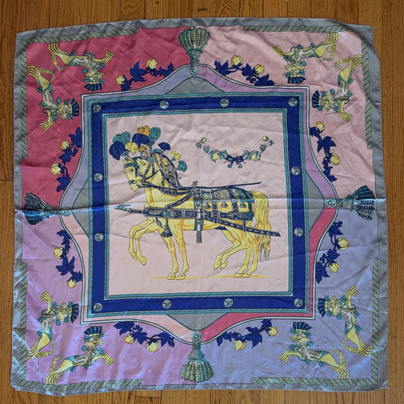 Vintage Equestrian Horse Print Square Scarf Pink Blue Yellow