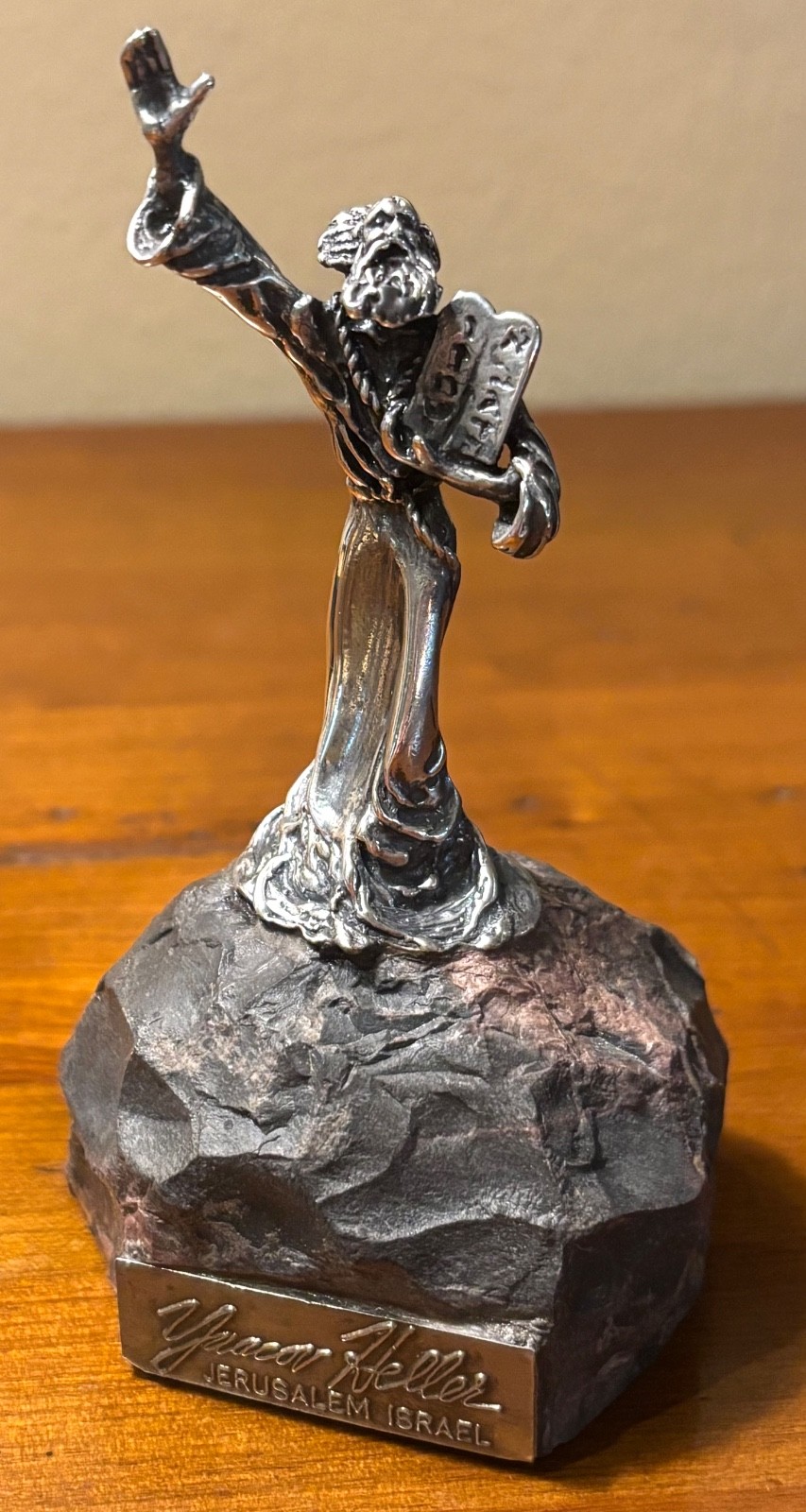 Vintage Yaacov Heller Silver Overlay Moses Ten Commandments Sculpture on Stone