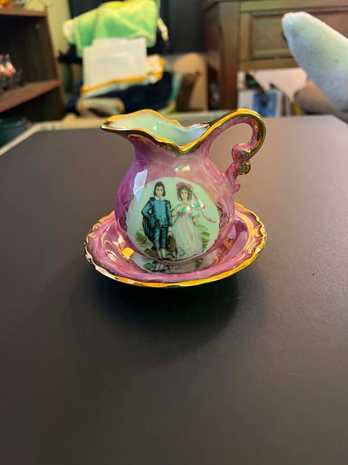 VINTAGE Pink Blue Boy and Pinkie Small Pitcher and Saucer Set VINTAGE Pink Blue Boy and Pinkie Small Pitcher and Saucer Set
