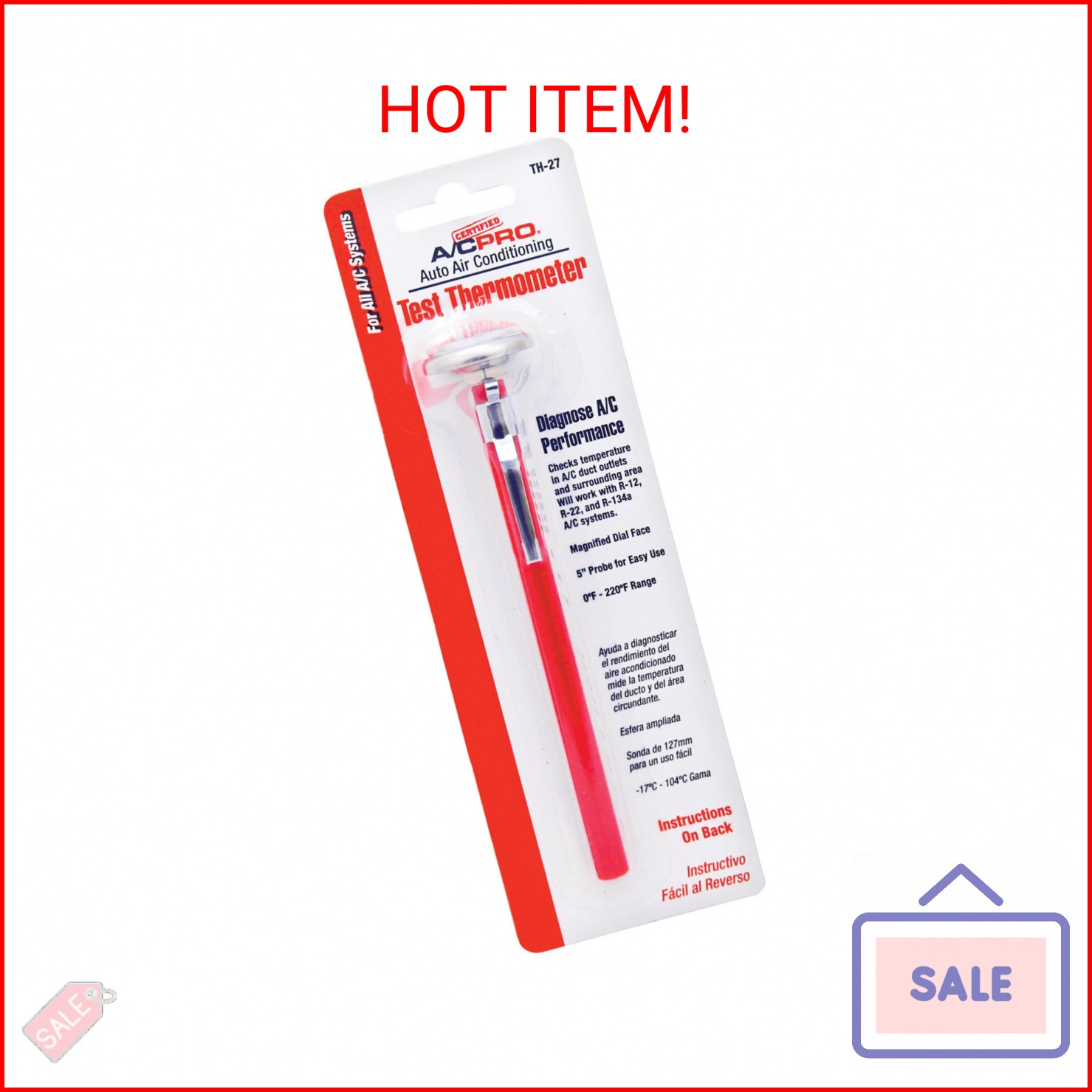 Certified A/C Pro Car Air Conditioner Test Thermometer, Helps Diagnose AC Perfor