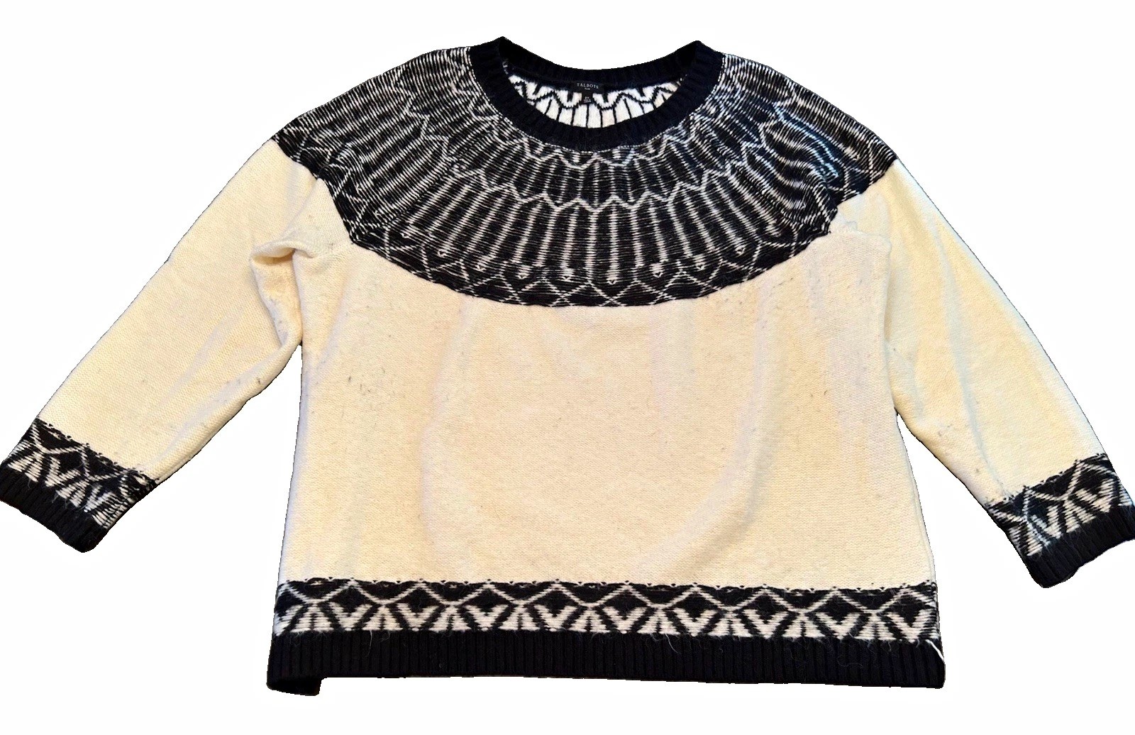 Talbots Women\'s Plus 2X Ivory Black Geometric Knit Crewneck Pullover Sweater