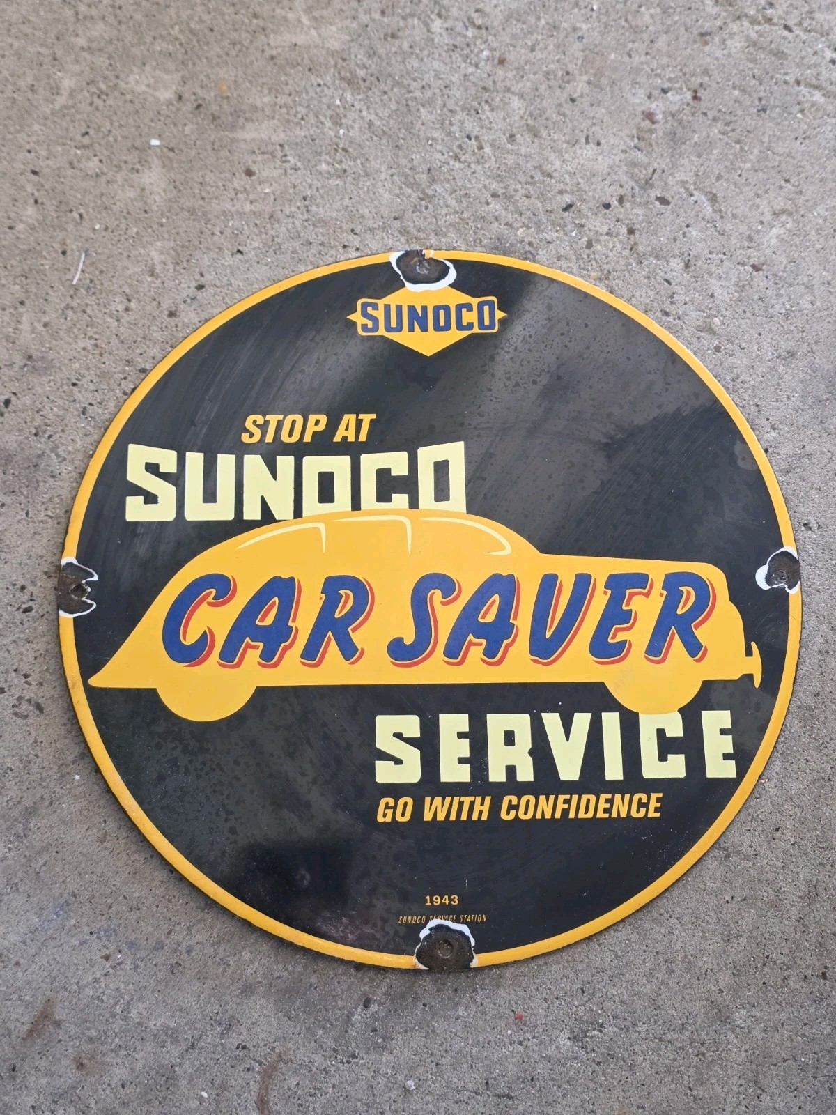 VINTAGE SUNOCO CAR SAVER SERVICE PORCELAIN SIGN 12 VINTAGE SUNOCO CAR SAVER SERVICE PORCELAIN SIGN 12