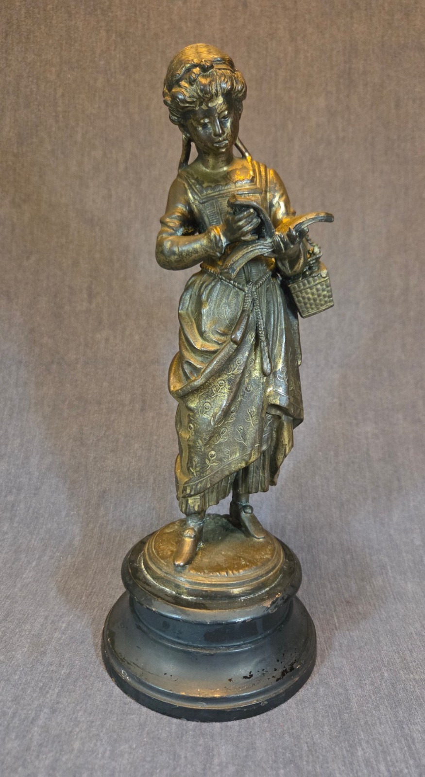Antique French Spelter Figurine Peasant Girl with Basket & Book