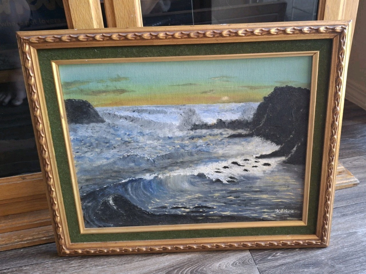 Vintage Old Beautiful California Rocky Malibu Coastline Framed Oil Painting 