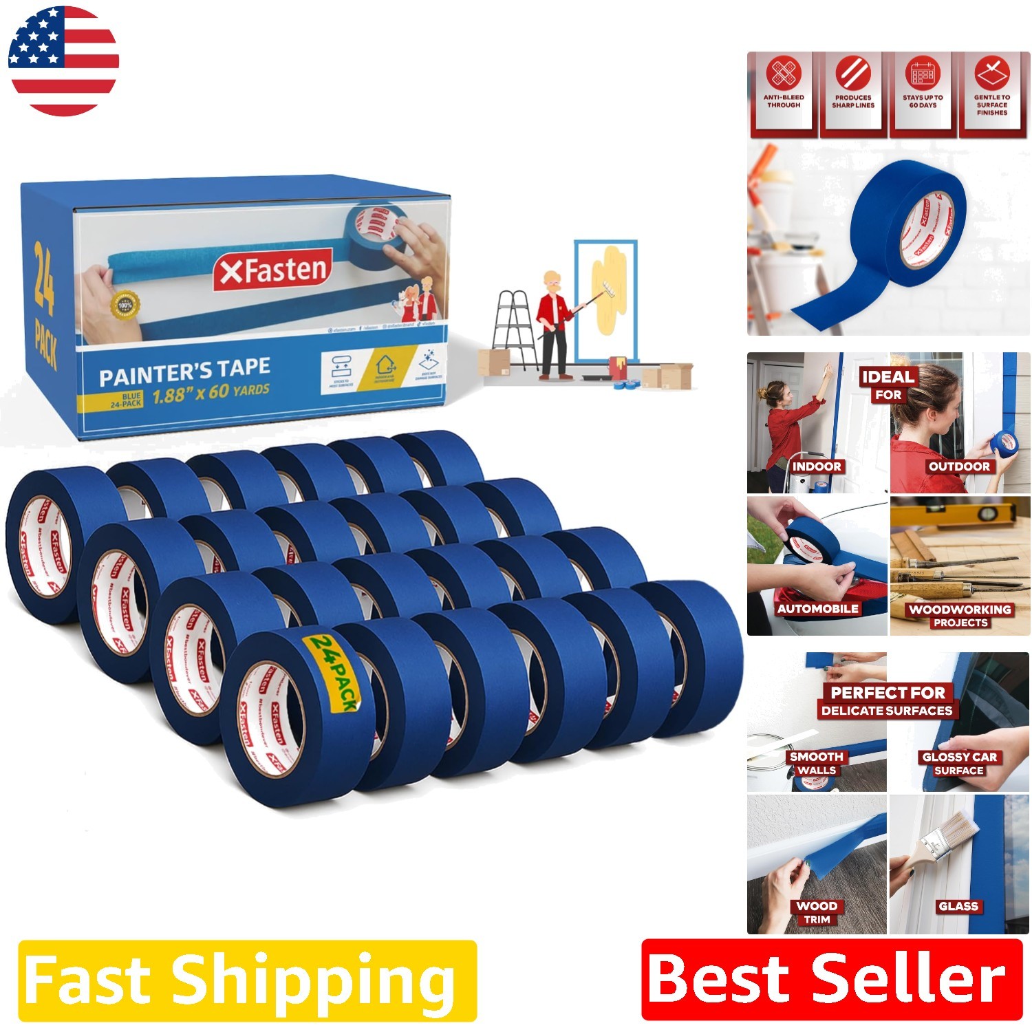 Bulk Blue Painters Tape 24 Rolls - Professional Sharp Edges, Indoor/Outdoor Use Bulk Blue Painters Tape 24 Rolls - Professional Sharp Edges, Indoor/Outdoor Use