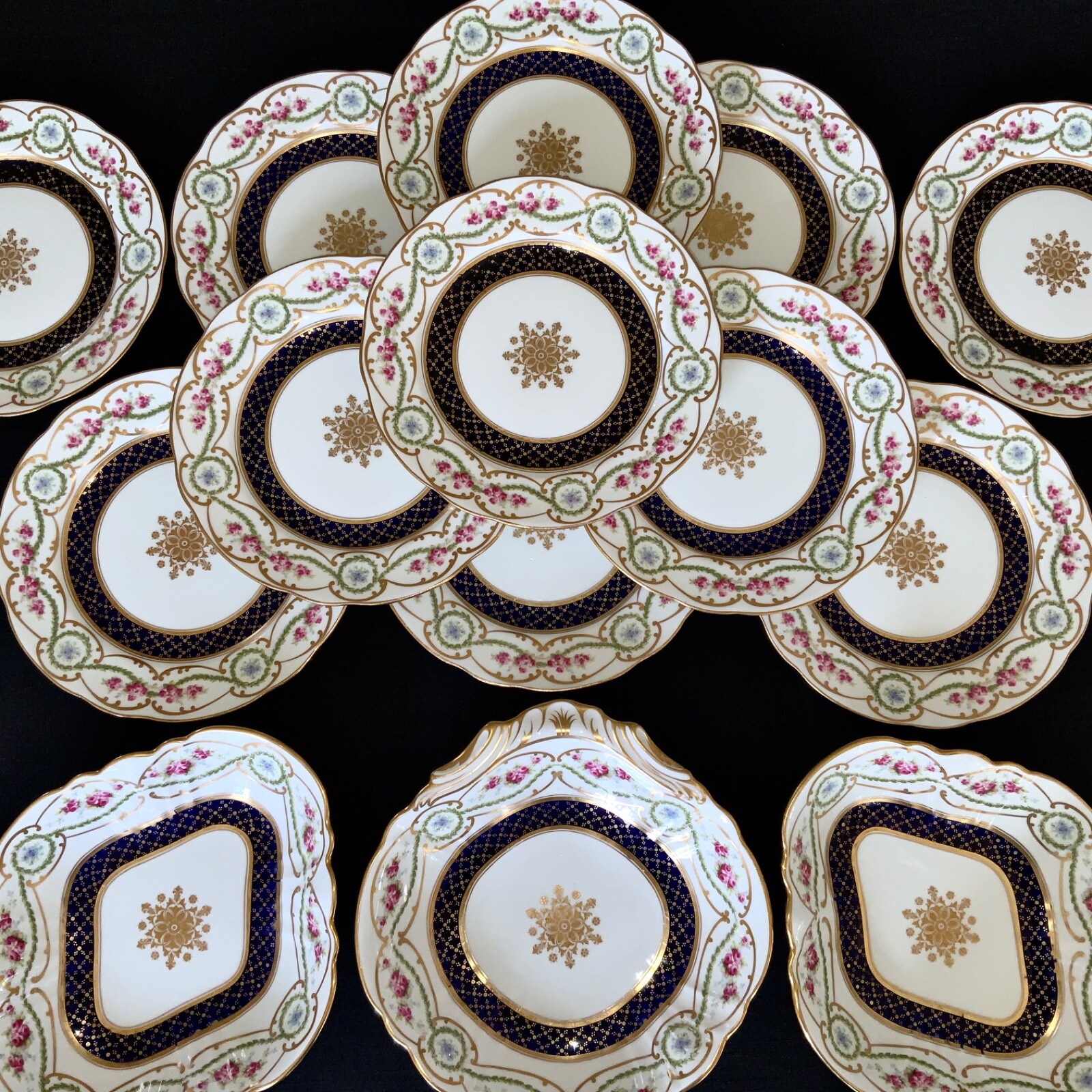 ANTIQUE AYNSLEY PINK ROSES & GARLAND CABINET PLATES (14 PCS) C. 1905-1925 #5068