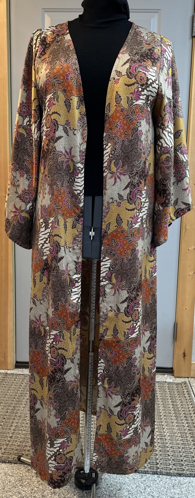 Vintage Gypsy Lux  100% Silk Kimono Duster Boho Brown Pink Floral Open Front