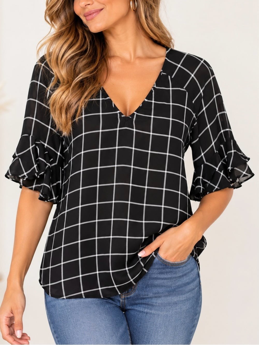 Worthington Women’s XL Black White Windowpane Plaid Ruffle Sleeve Blouse