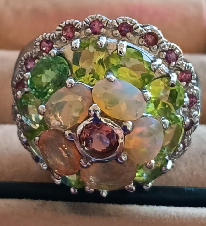 925 Sterling Silver Ring Oval Fire Opal Peridot Rhodolite Gemstone SIZE 8.5