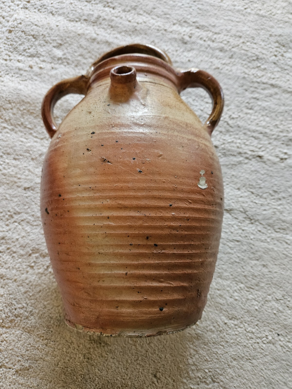 Large Handmade Primitive Salt Gkazed Triple Handle Jug Front Spout Thick Mold