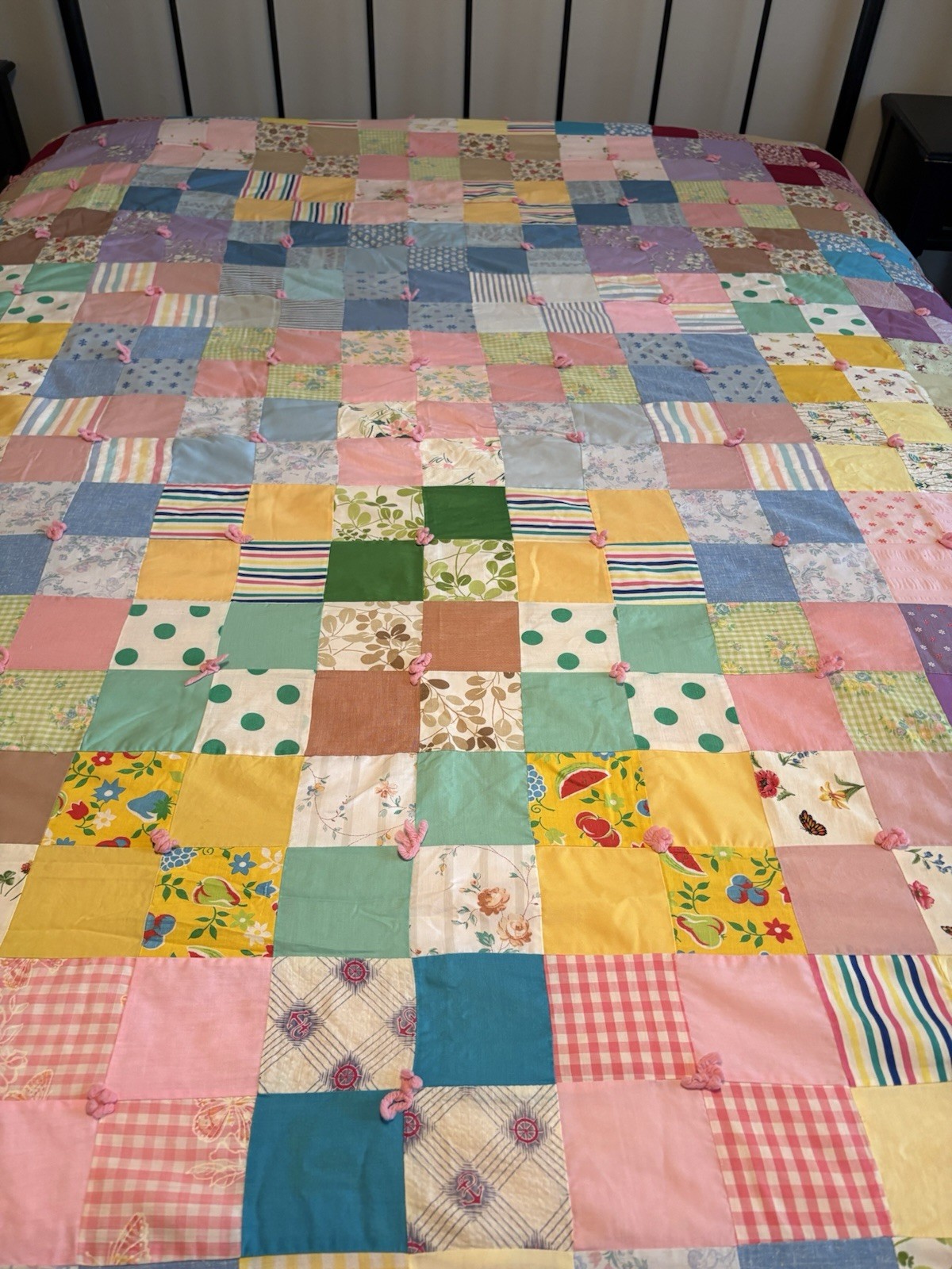 Vintage 1970s Handmade Quilt  Patchwork Fun Retro Fabrics 92” X 79” Hand Tied
