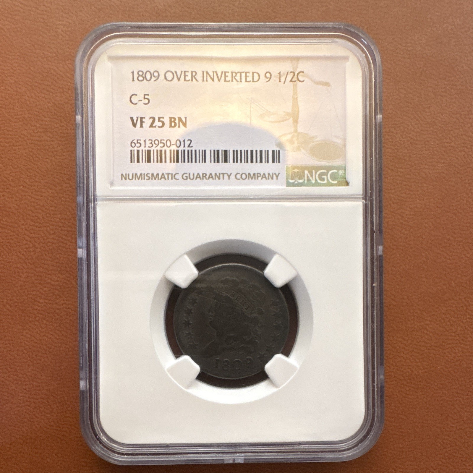 1809 Classic Head Half Cent 1/2C C-5 Over Inverted 9 NGC VF25 BN 1809 Classic Head Half Cent 1/2C C-5 Over Inverted 9 NGC VF25 BN