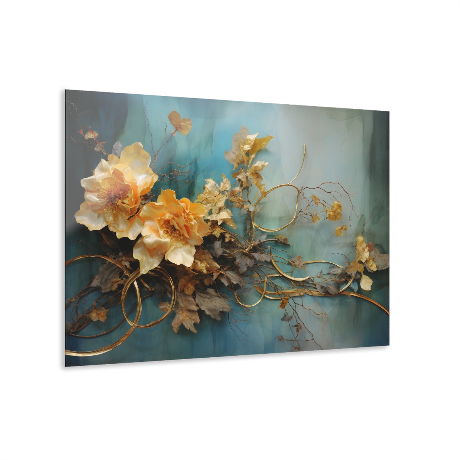 Elegant Acrylic Wall Art Prints, Modern Teal Gold Floral Decor, Unique Home Acce