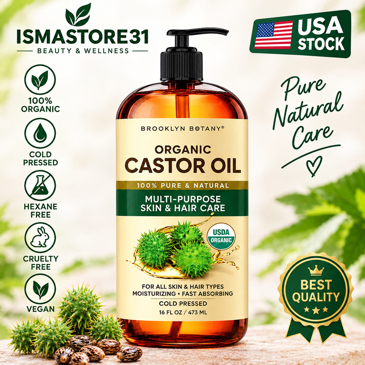 Premium Organic Castor Oil 100% Pure and Hexane-Free Cold-Pressed Beauty 16 fl.