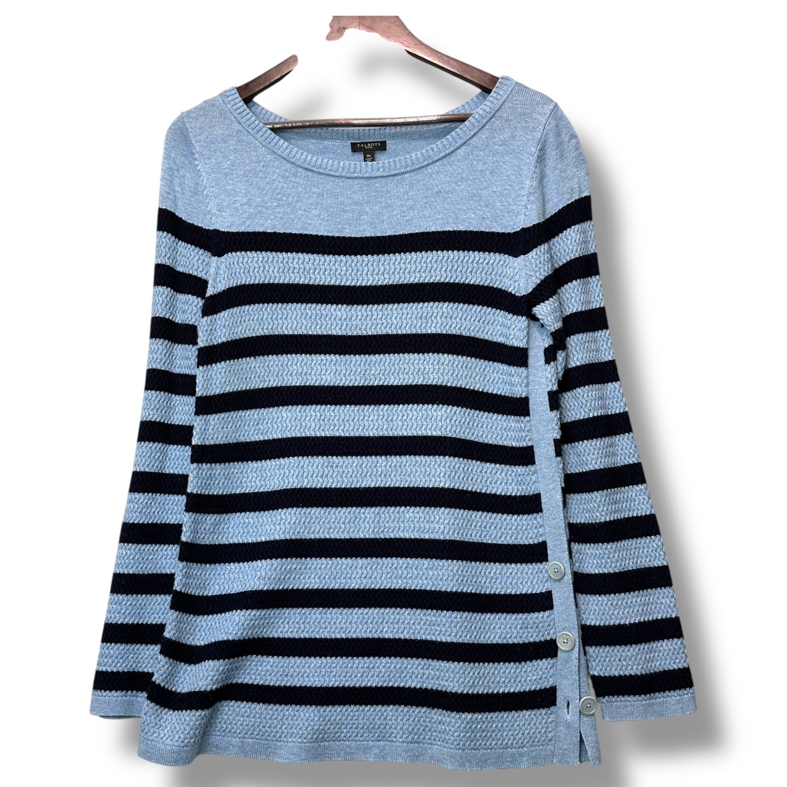 Talbots Petites Med P Blue Black Striped Button Detail Sweater Preppy Nautical