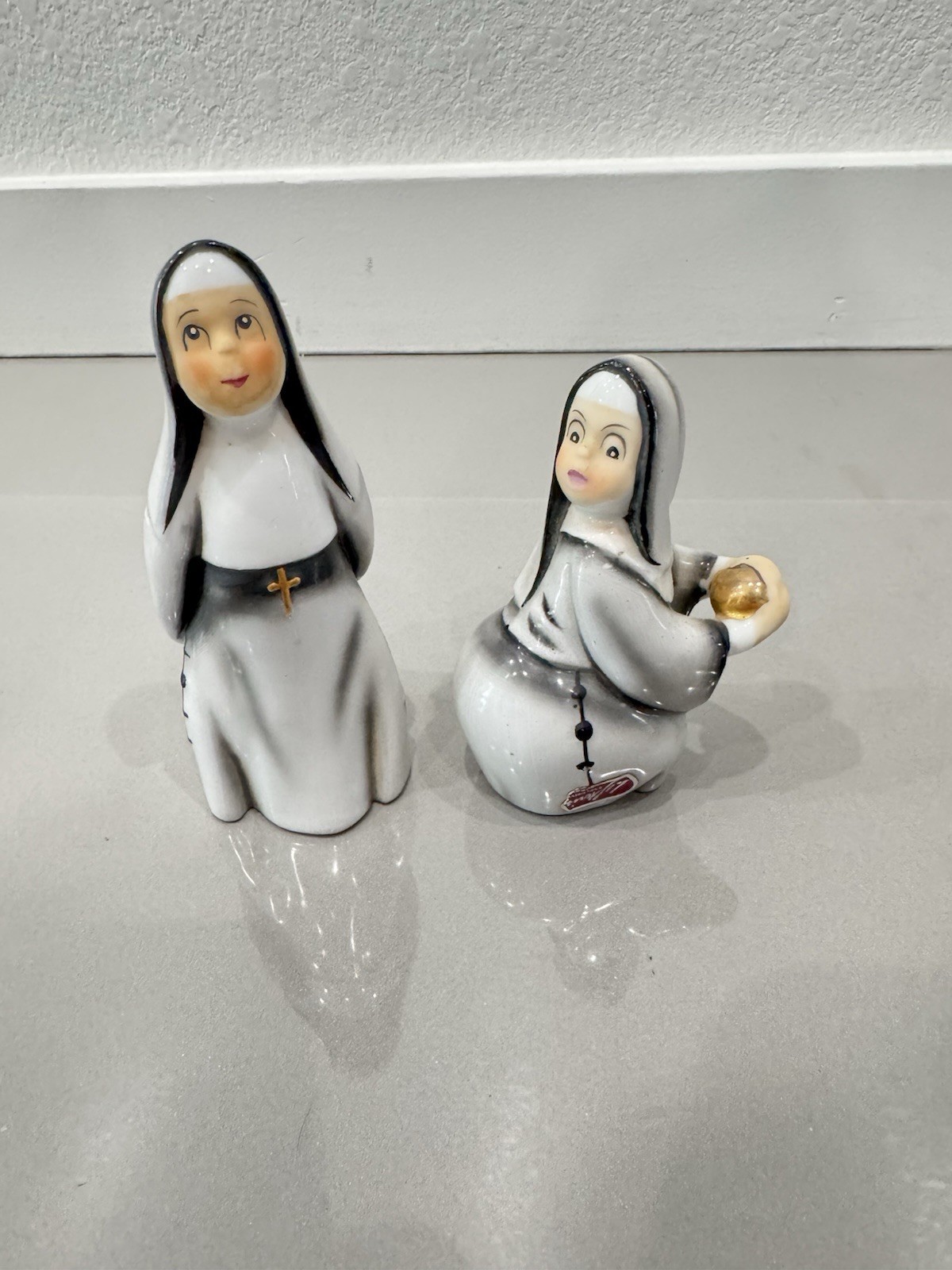 Vintage Lefton Nun Figurines Set Of 2 Skateboarding & Bowling