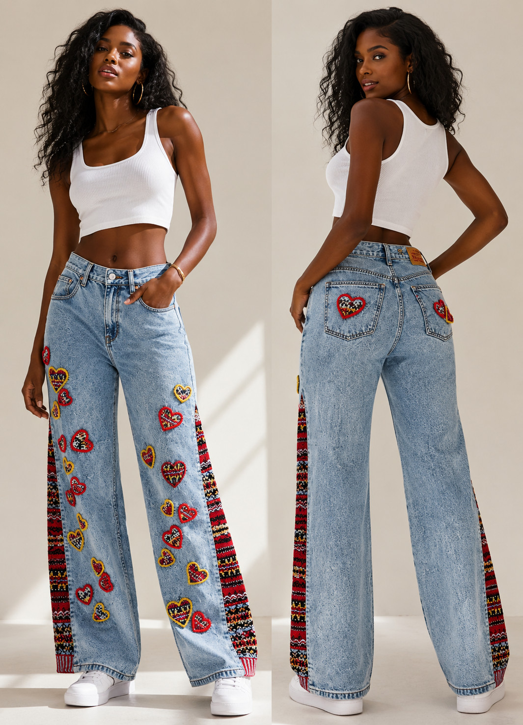 One-of-a-Kind Ilova Upcycled Levi’s Jeans – Hand-Embroidered Heart Patchwork