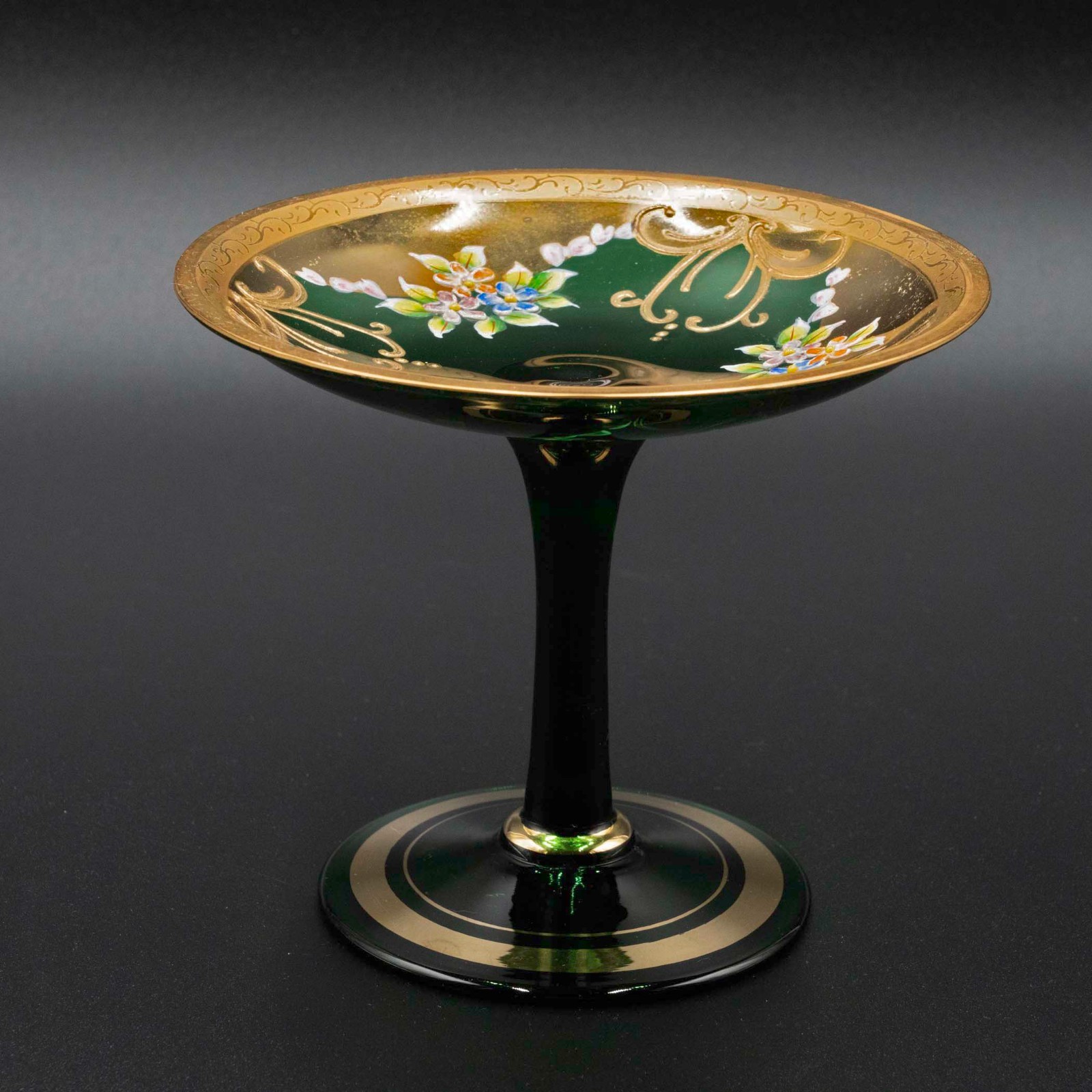 Antique Moser Style Bohemian Emerald Green Glass Compote Enamel Floral Gold Gilt