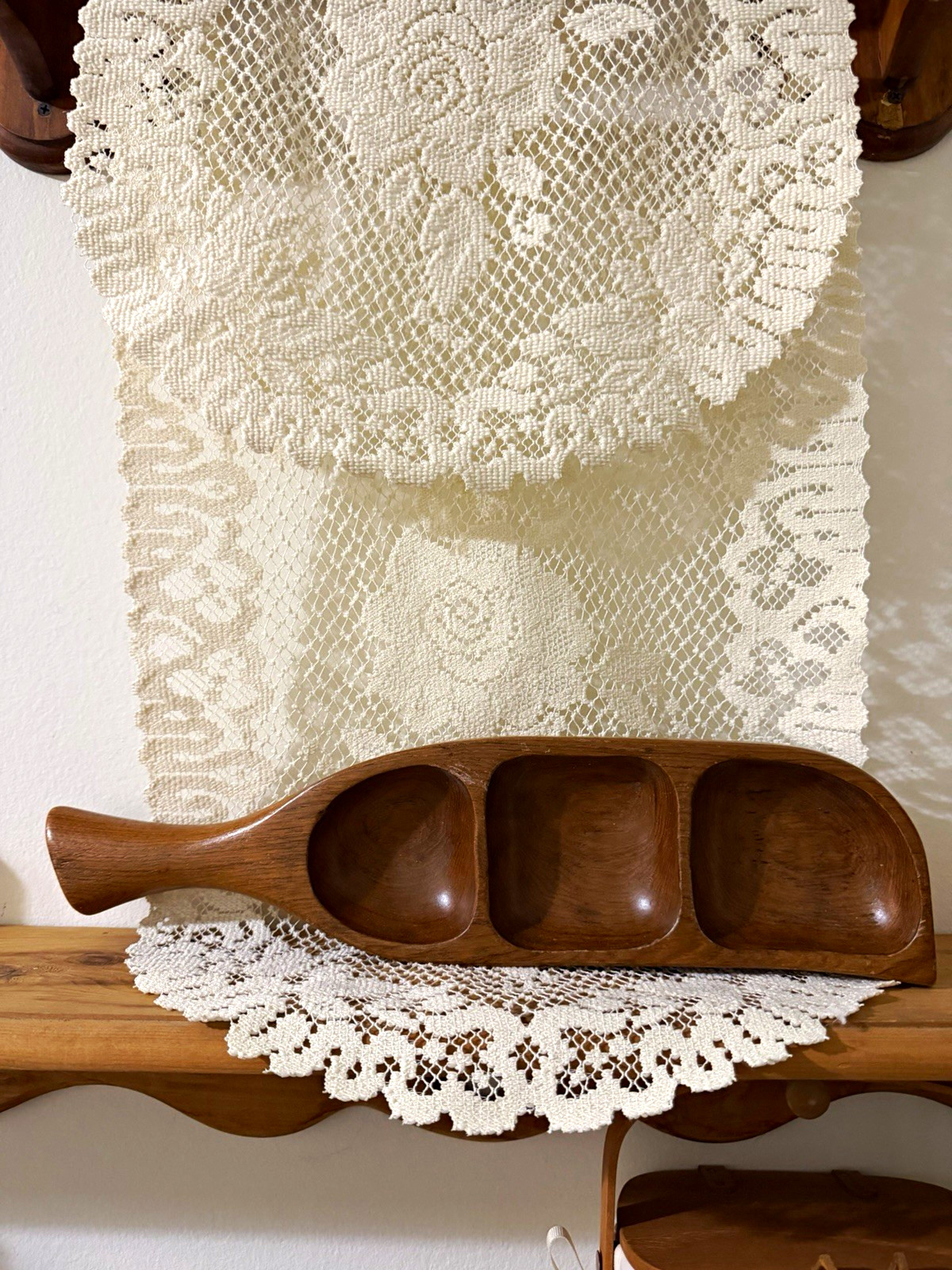 Vintage Mid-Century Modern Teak Wood Divided Snack Dish -  Oar Leaf Serving Tray