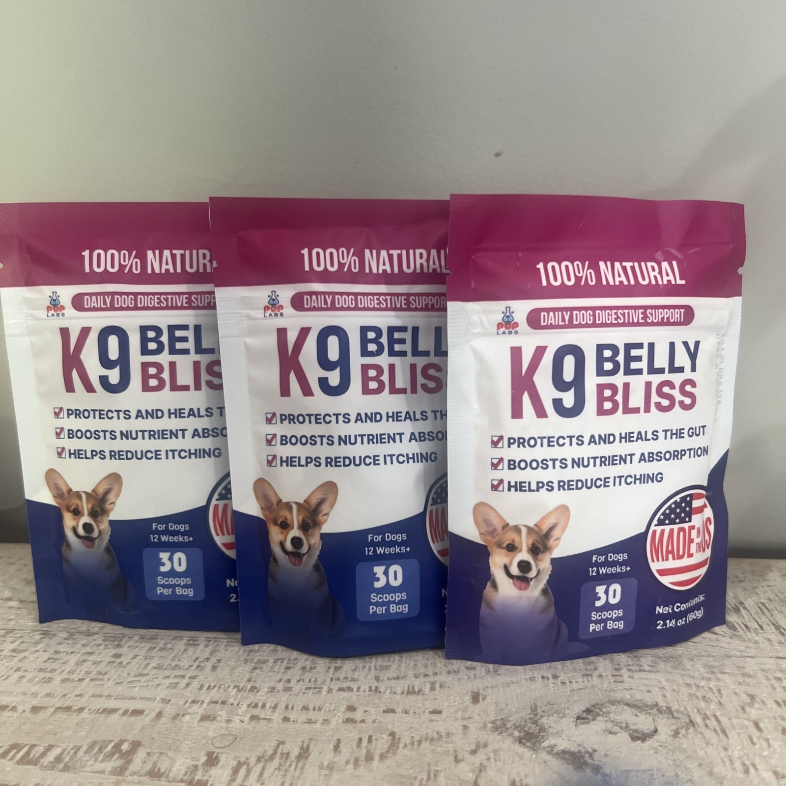 3x K9 Belly Bliss for Dogs 90 Scoops Exp 12/2027 - New/Sealed Pup Labs