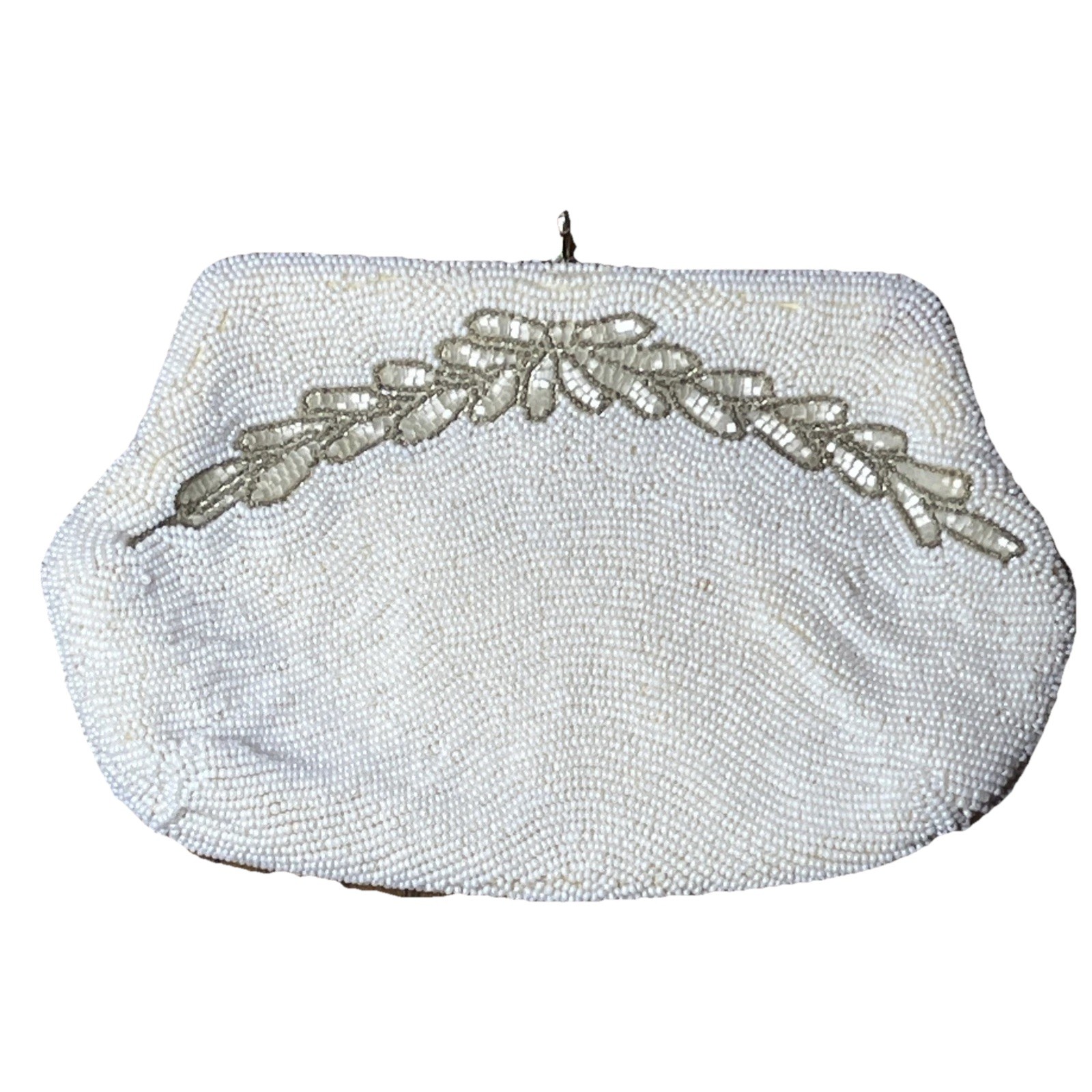 VTG 1940s Rosenfeld White Beaded Floral Clutch Purse & Mirror Made In Belgium  