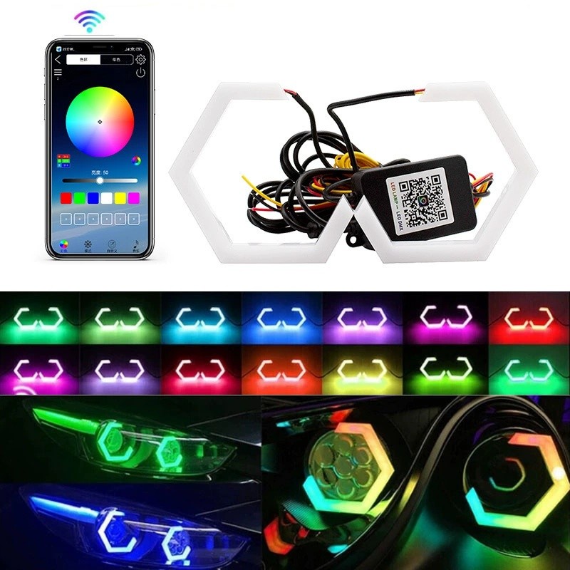 2x Hexagon LED RGB Angel Eyes Bluetooth Hex Halo Light Rings App Controller 60mm