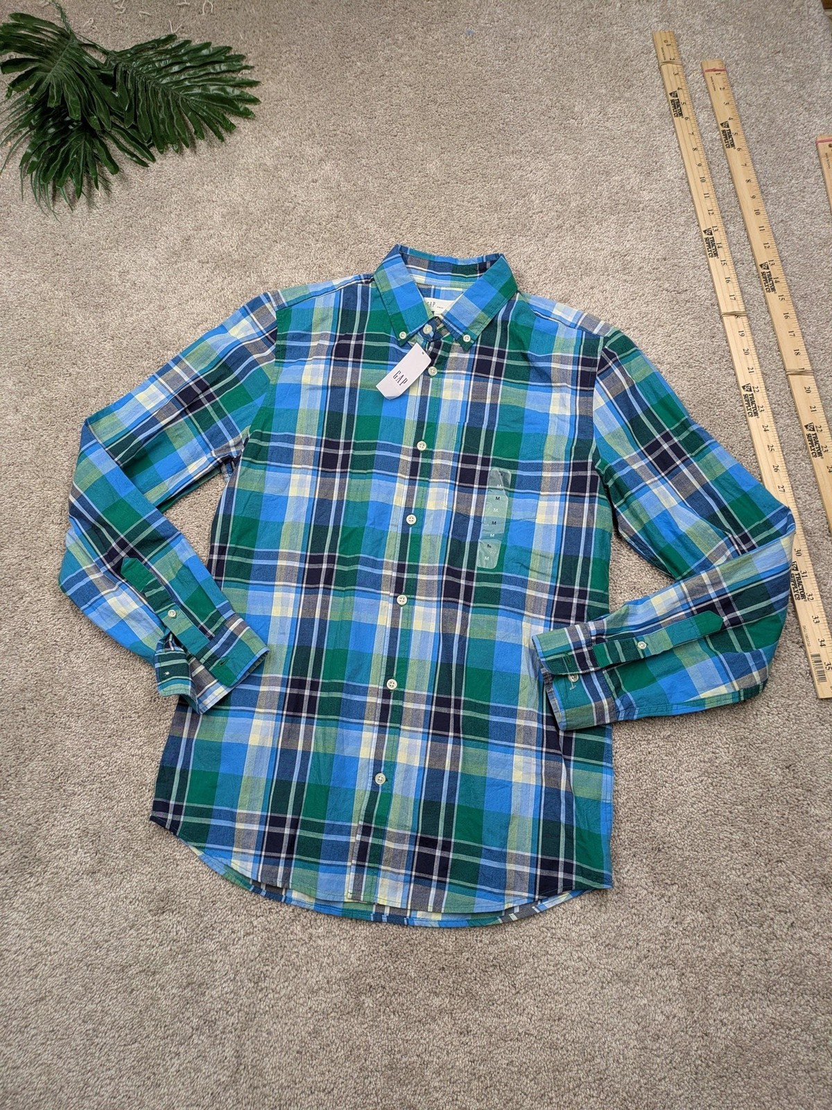 Gap Shirt Mens Medium Blue Green Plaid Long Sleeve Button Down Slim Fit Casual