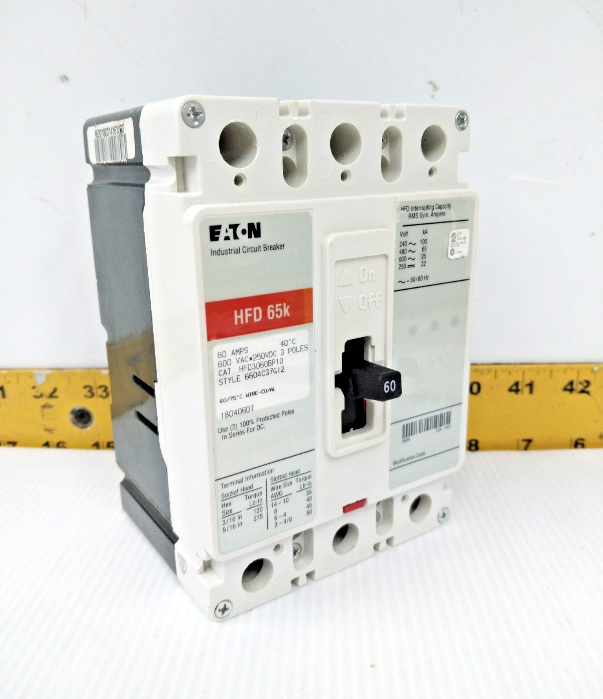 New Eaton 60 Amp Circuit Breaker 600 VAC / 250 VDC 3 Pole HFD3060BP10 New Eaton 60 Amp Circuit Breaker 600 VAC / 250 VDC 3 Pole HFD3060BP10