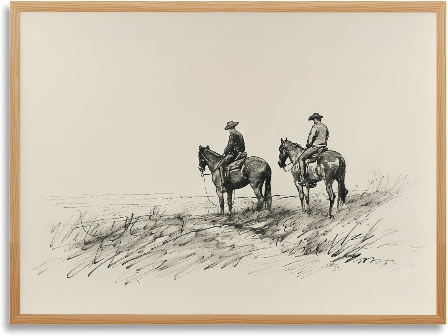 Framed Cowboys on Horseback Wall Art Vintage Western Sketch Canvas Poster Print Framed Cowboys on Horseback Wall Art Vintage Western Sketch Canvas Poster Print