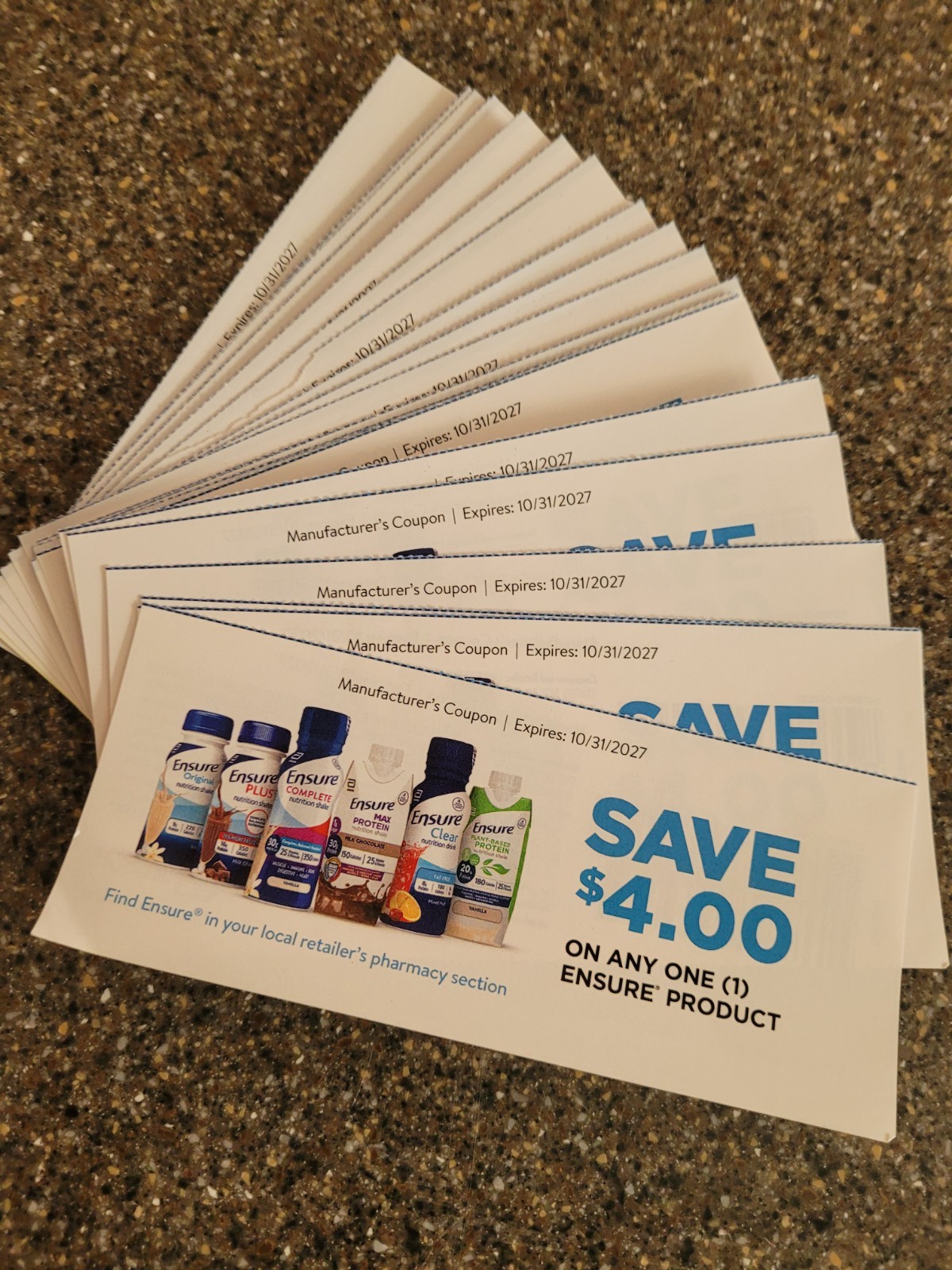 ENSURE Coupon Lot Save $4.00 each x 25 coupons, exp. 10/31/2027