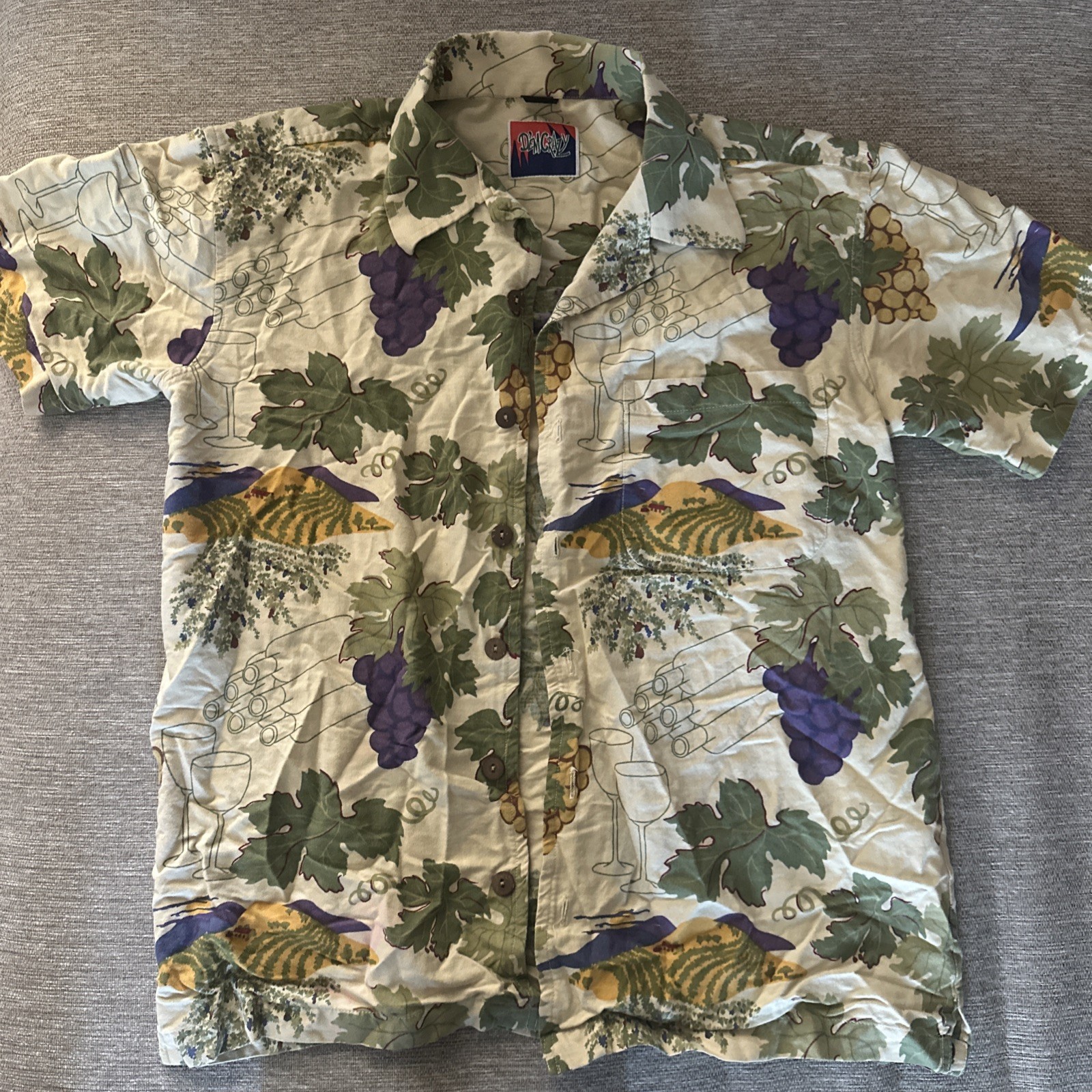 Dem Crazy Men\'s Hawaiian Shirt Wine Theme, Short Sleeve, Wood Buttons Dem Crazy Men\'s Hawaiian Shirt Wine Theme, Short Sleeve, Wood Buttons