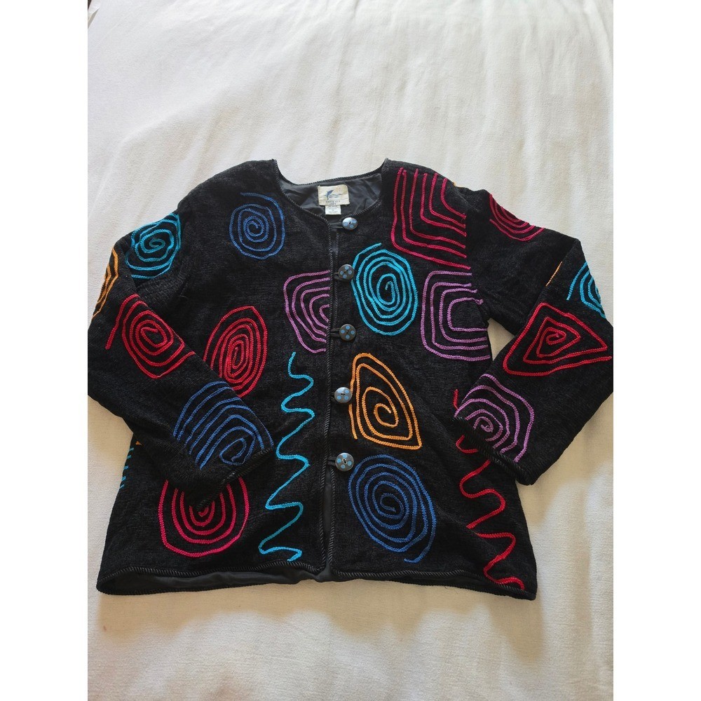 Vintage Earth Sea & Sky Black Embroidered Spiral Jacket Medium Abstract
