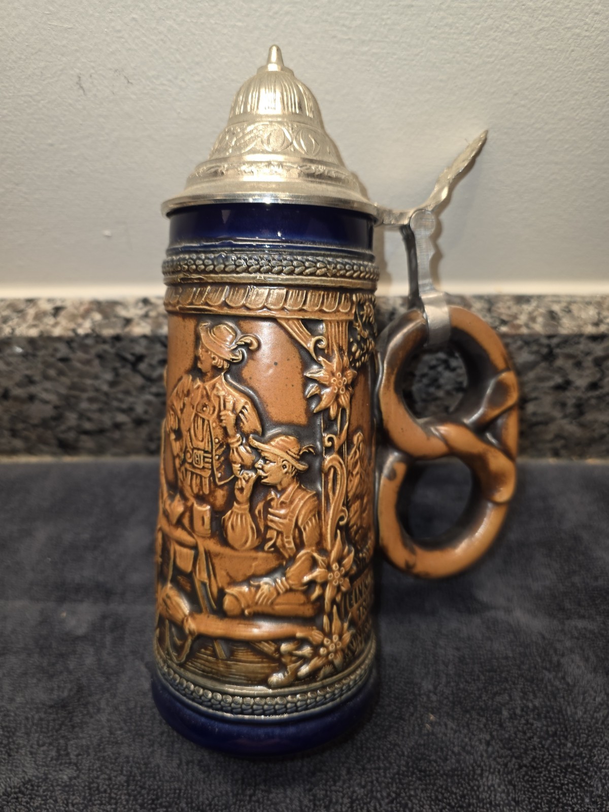 Vintage Gerz West Germany Beer Stein Pewter Lid Pretzel Handle Bavarian Relief