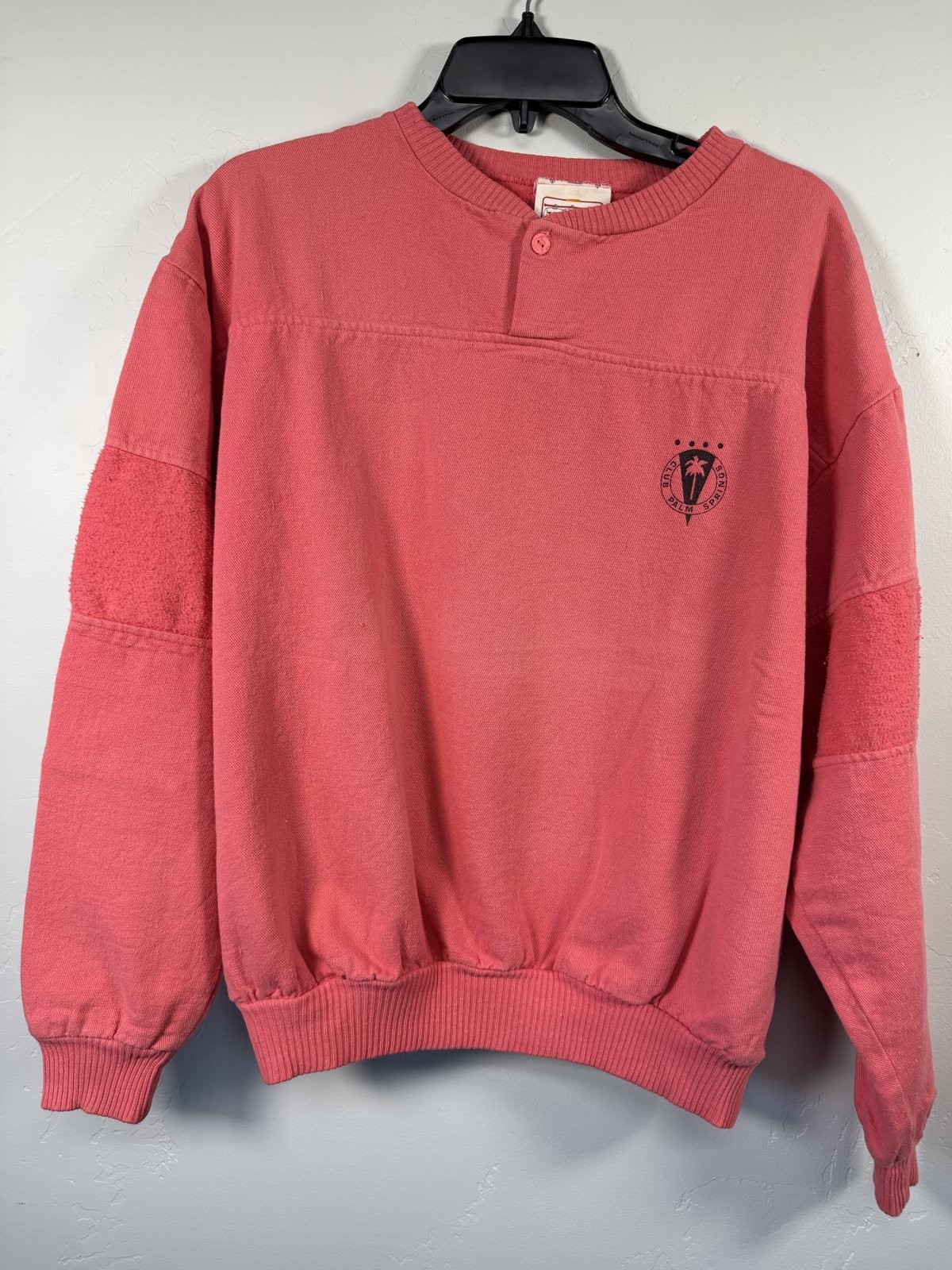 Vintage Palm Springs Club Henley Crewneck Sweatshirt Coral Sun Faded Men\'s M