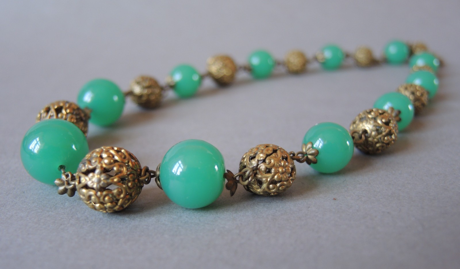 Antique Czech Art Deco Jade Green Glass Filigree Brass Bead Necklace c1930s