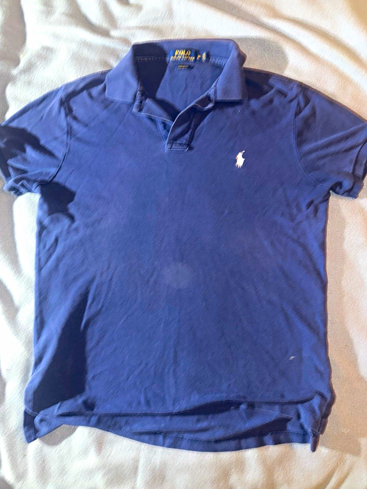 Polo Ralph Lauren Mens Medium Navy Blue Custom Fit Polo Shirt White Pony Logo
