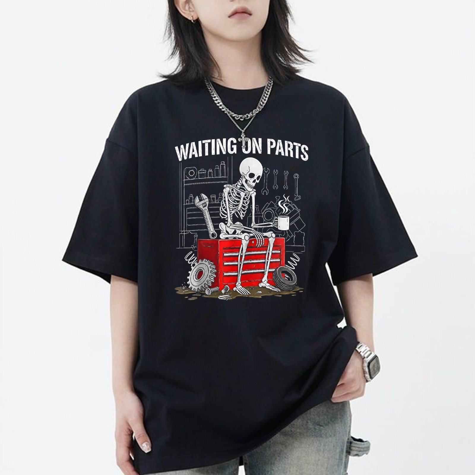 Funny Waiting On Parts Mechanic Skeleton Auto Repair Life TShirt - S to 5XL