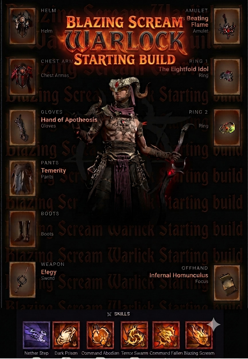 DIABLO 4🌞SEASONAL 15🔥BLAZING SCREAM WARLOCK BUILD✨x10 NON-GA ITEMS✨100M GOLD